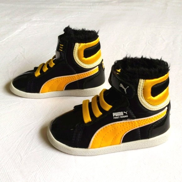 puma first round high top sneakers yellow & black patent toddler boys size 6 - Picture 5 of 11
